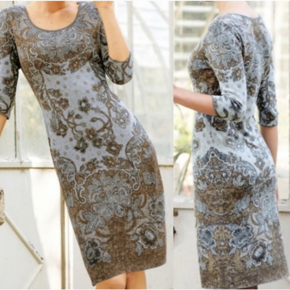 PERUVIAN CONNECTION Pima Cotton Sweater Dress Ornate Sky Blue Cocoa Brown {M14}